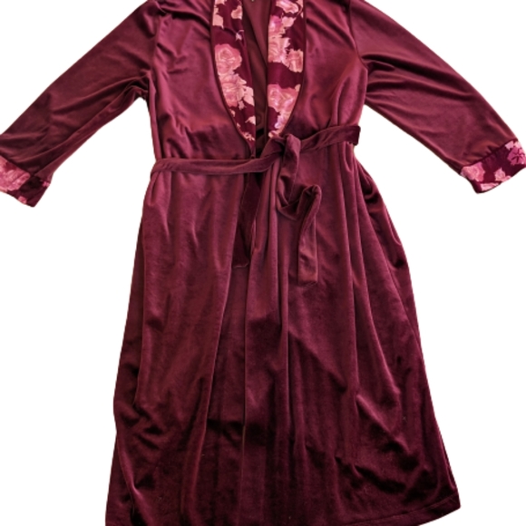 Long Velvet Robe Women Size XL Vintage 70s Floral Trim California Miss Burgundy - Picture 3 of 9